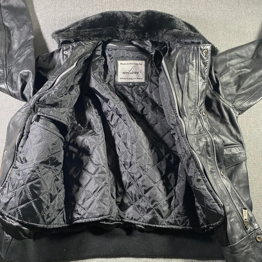 Affluent Apparel Brand Leather Bomber Motorcycle‎ Jacket Faux Fur Collar Mens M